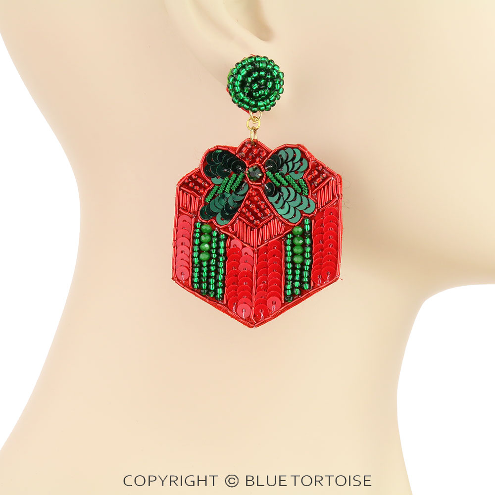 3 Beaded Christmas Gift Box Stud Earrings Bluetortoisewholesale