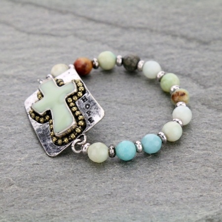 "Hope" Cross Faux Jade Beads Stretch Bracelet - Image 2