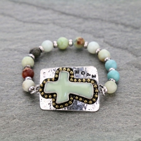 "Hope" Cross Faux Jade Beads Stretch Bracelet