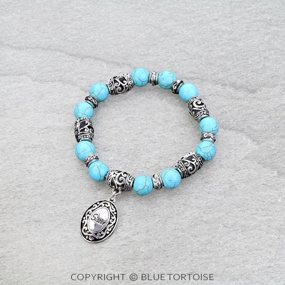 Tailored Design "Sister" Charm Beads Stretch Bracelet
