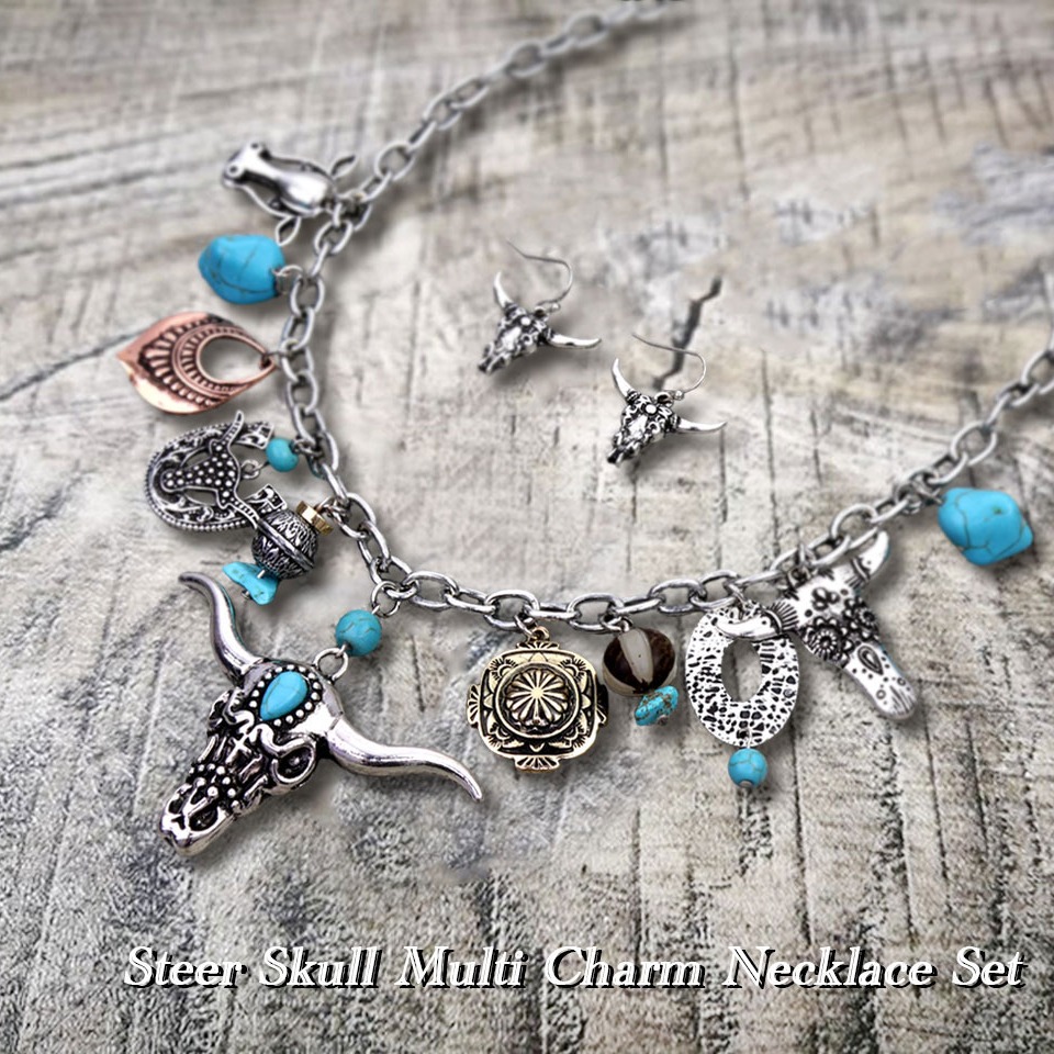 Western Steer Skull Multi Charm Necklace Set
SKU: WN2-22-QNE16281/MTB
www.bluetortoisewholesale.com
#westernjewelry #westernstyles #accessories #steerskull #charm #necklace #newarrivals #uswholesaler