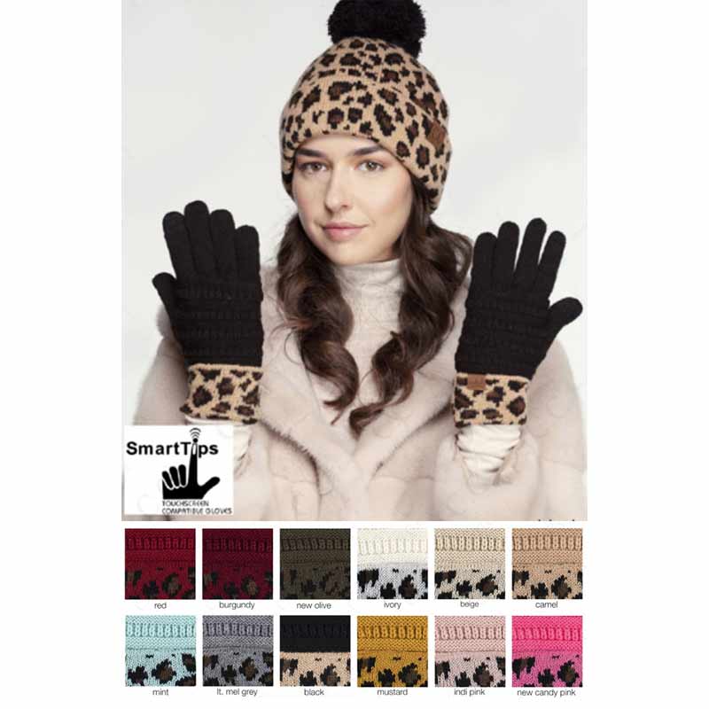 C.C Solid Ribbed Gloves with Leopard Pattern Cuff - Image 3