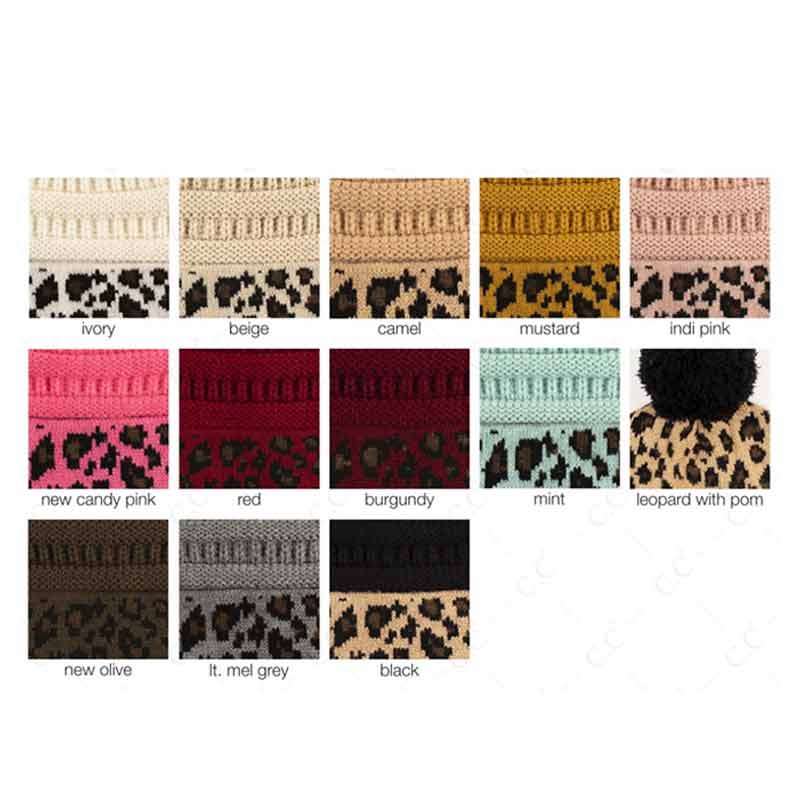 C.C Solid Color Beanie Hat with Leopard Pattern Cuff - Image 2