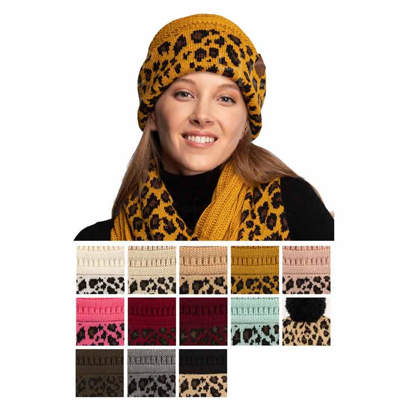 C.C Solid Color Beanie Hat with Leopard Pattern Cuff - Image 3