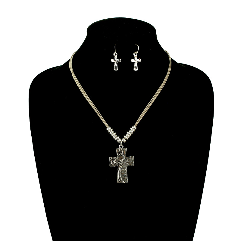 Religious “FAITH” Cross Pendant Necklace Set Bluetortoisewholesale