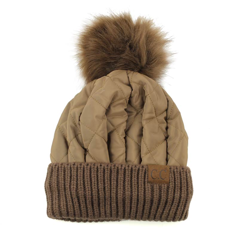 C.C Women's Quilted Puffer Beanie/Detachable Pom
