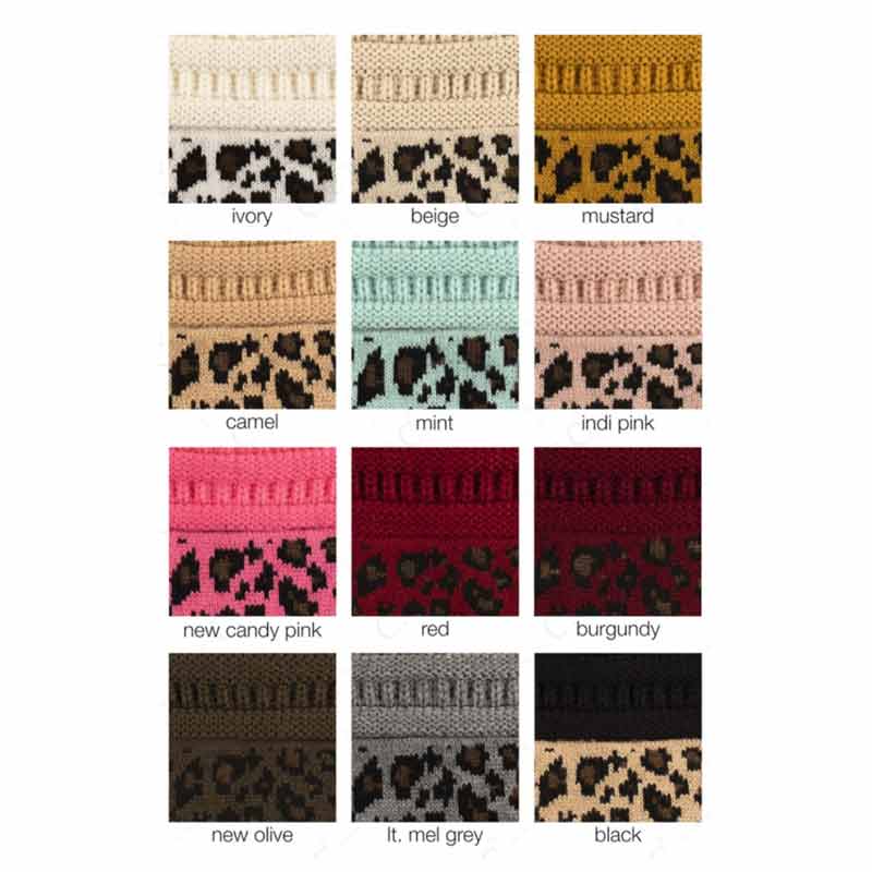 C.C Solid Color Beanie Tail Hat with Leopard Pattern Cuff - Image 3