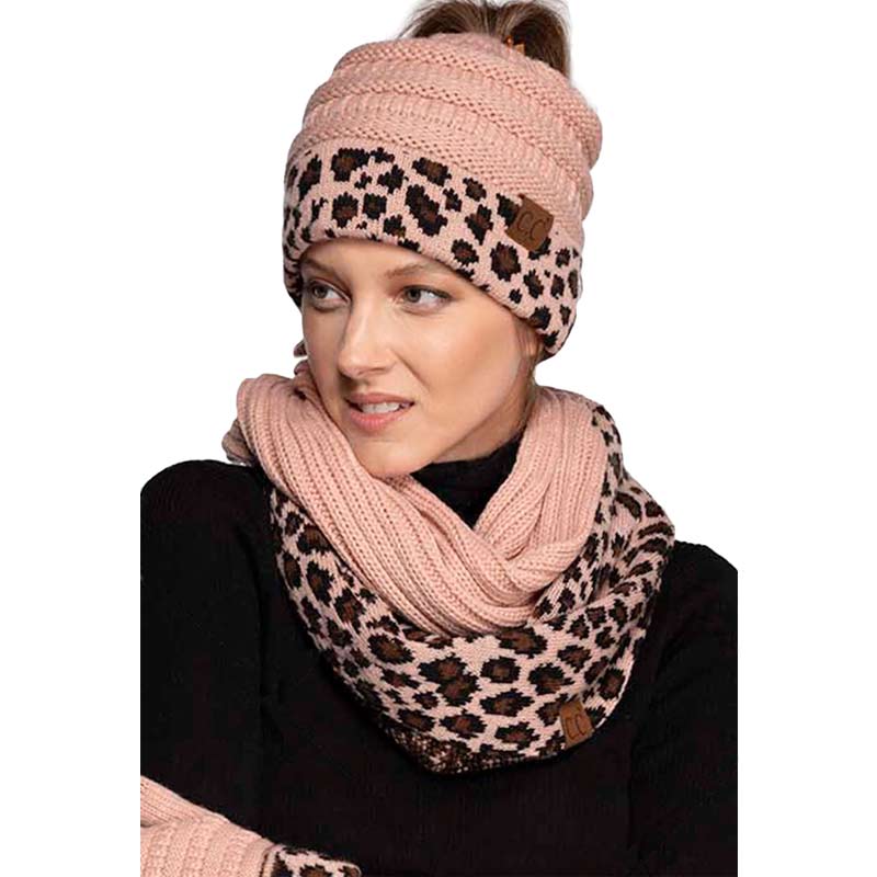 C.C Solid Color Beanie Tail Hat with Leopard Pattern Cuff - Image 2
