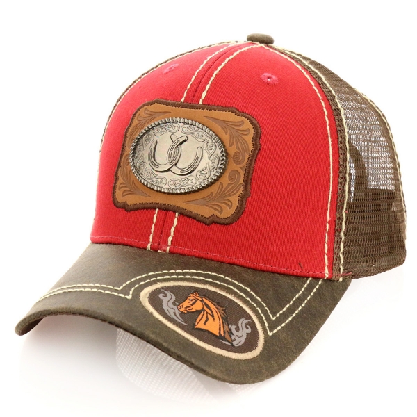 Pitbull Horse Shoe Patch Metal Cotton Vintage Mesh Ball Cap-PB-116/RED