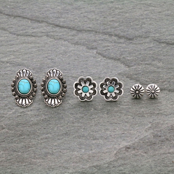 3 Pair Western Turquoise Post Earrings Set-SE1119/SBTQ