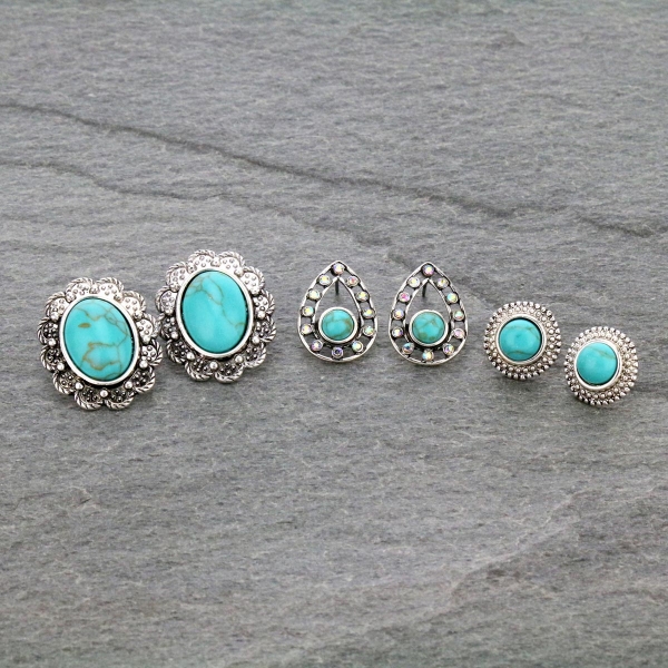 3 Pair Stone Stud Earrings Set-ER1118/TQ