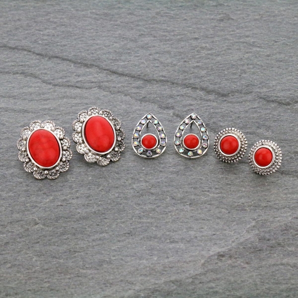 3 Pair Stone Stud Earrings Set-ER1118/COR