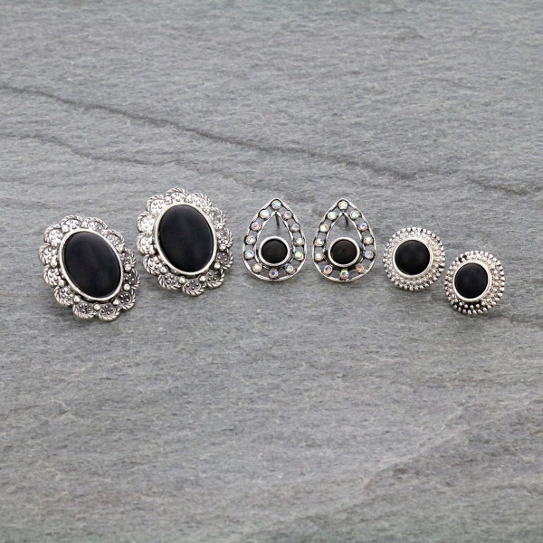 3 Pair Stone Stud Earrings Set-ER1118/BLK