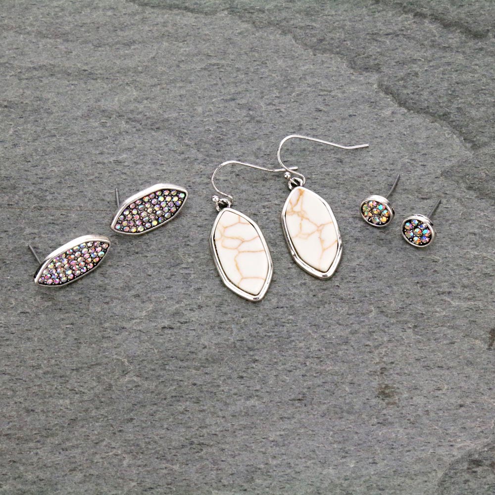 3 Pair Stone Earrings Set-ER1116/NAT