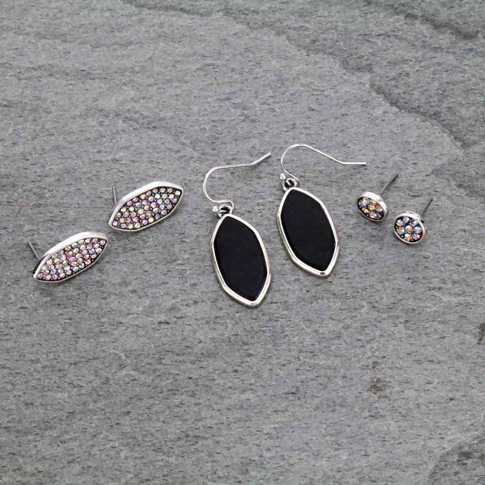 3 Pair Stone Earrings Set-ER1116/BLK