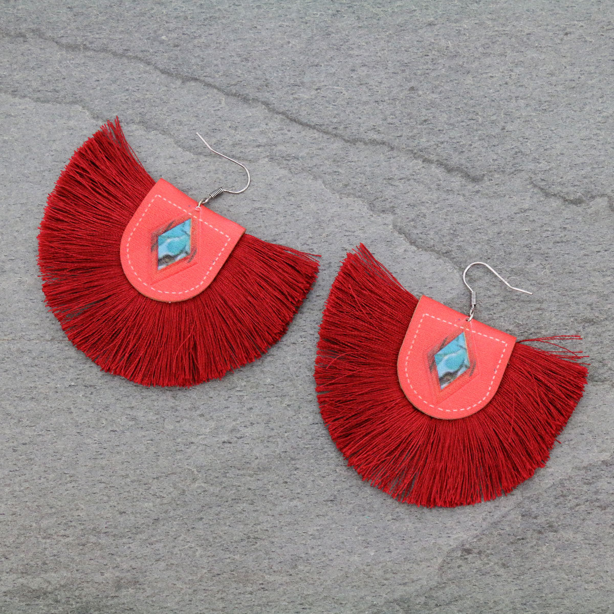 Western Leather with Fabric Fan Tassel Fish Hook Earrings-ER1010/RED