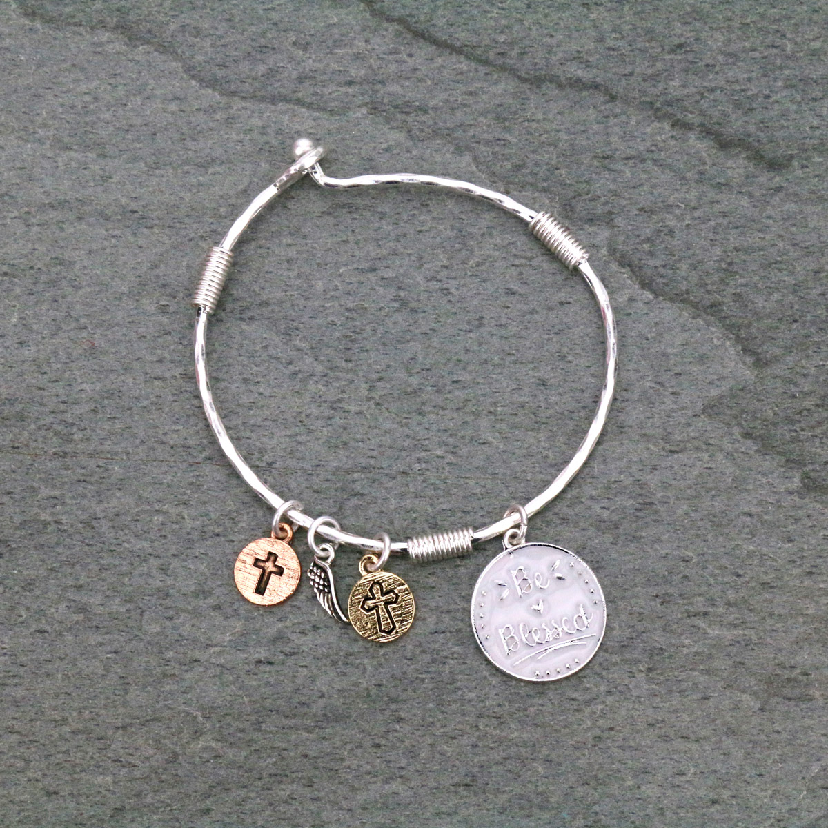 "Be Blessed" Enamel Painted Charm Wire Bracelet-OB09016/WSWHT