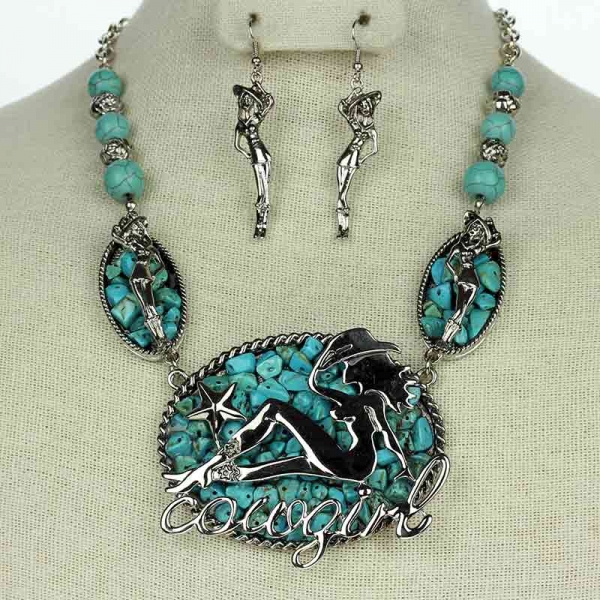 Western "Cowgirl" Pendant Necklace Set-FNE-14067