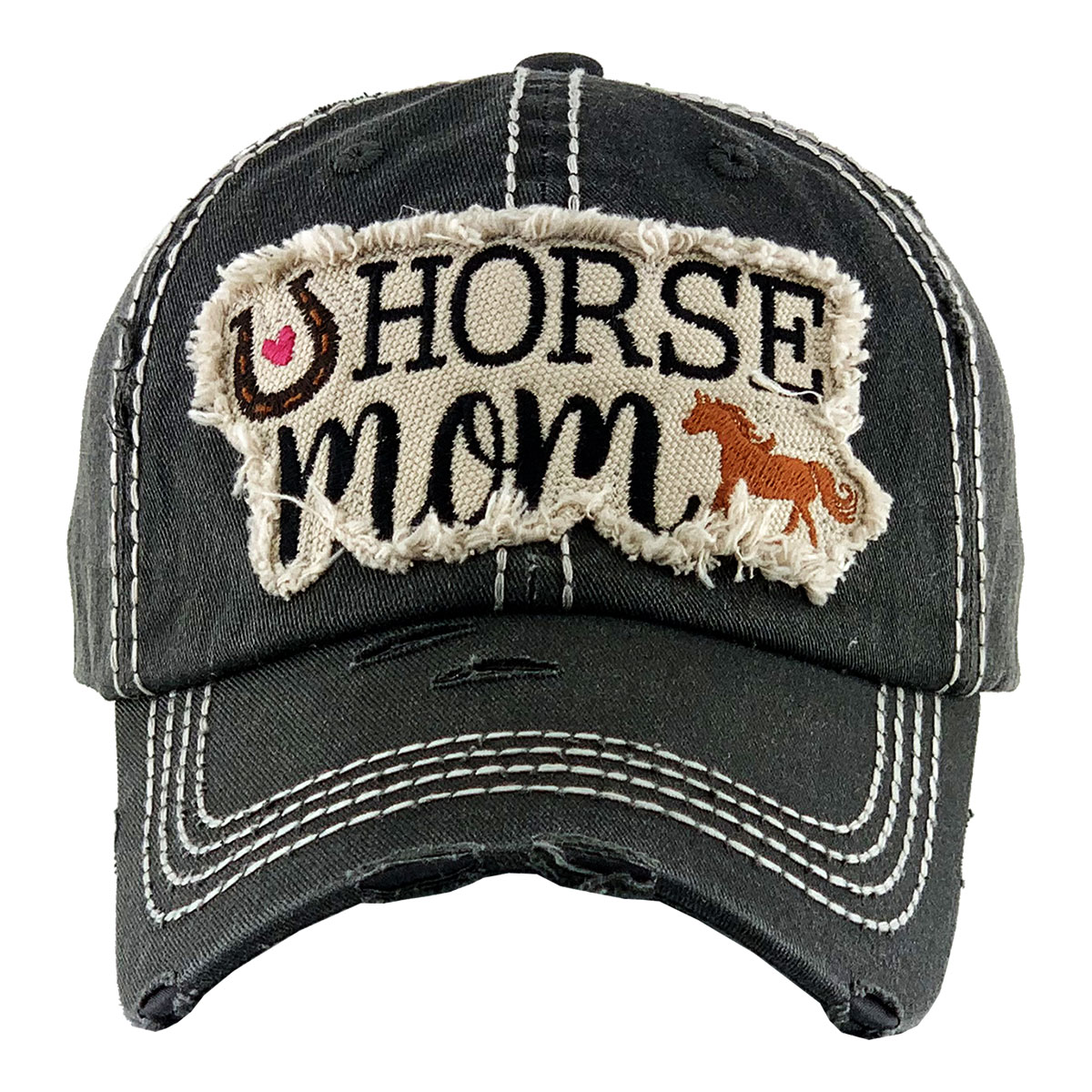 "HORSE MOM" Washed Vintage Ball Cap-KBV-1291/BLK