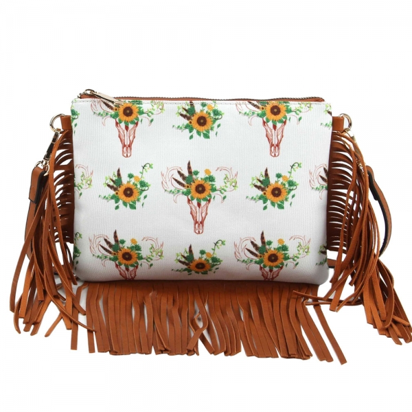 Sunflower and Steer Head with Tassel Crossbody Bag