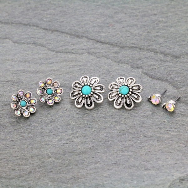 3 Pair Flower Earring Set