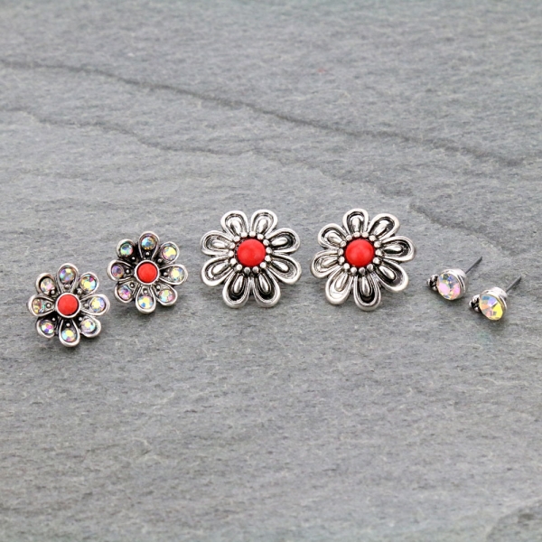 3 Pair Flower Earring Set