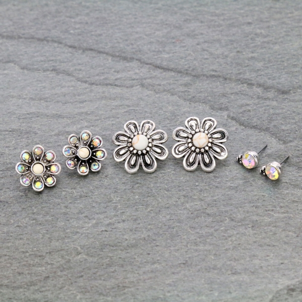 3 Pair Flower Earring Set