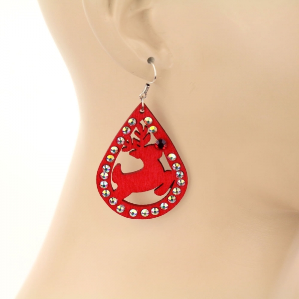 Christmas Rudolf Reindeer Wood Teardrop Dangle Earrings - Image 2