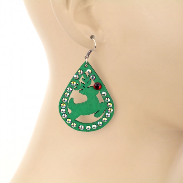 Christmas Rudolf Reindeer Wood Teardrop Dangle Earrings - Image 2