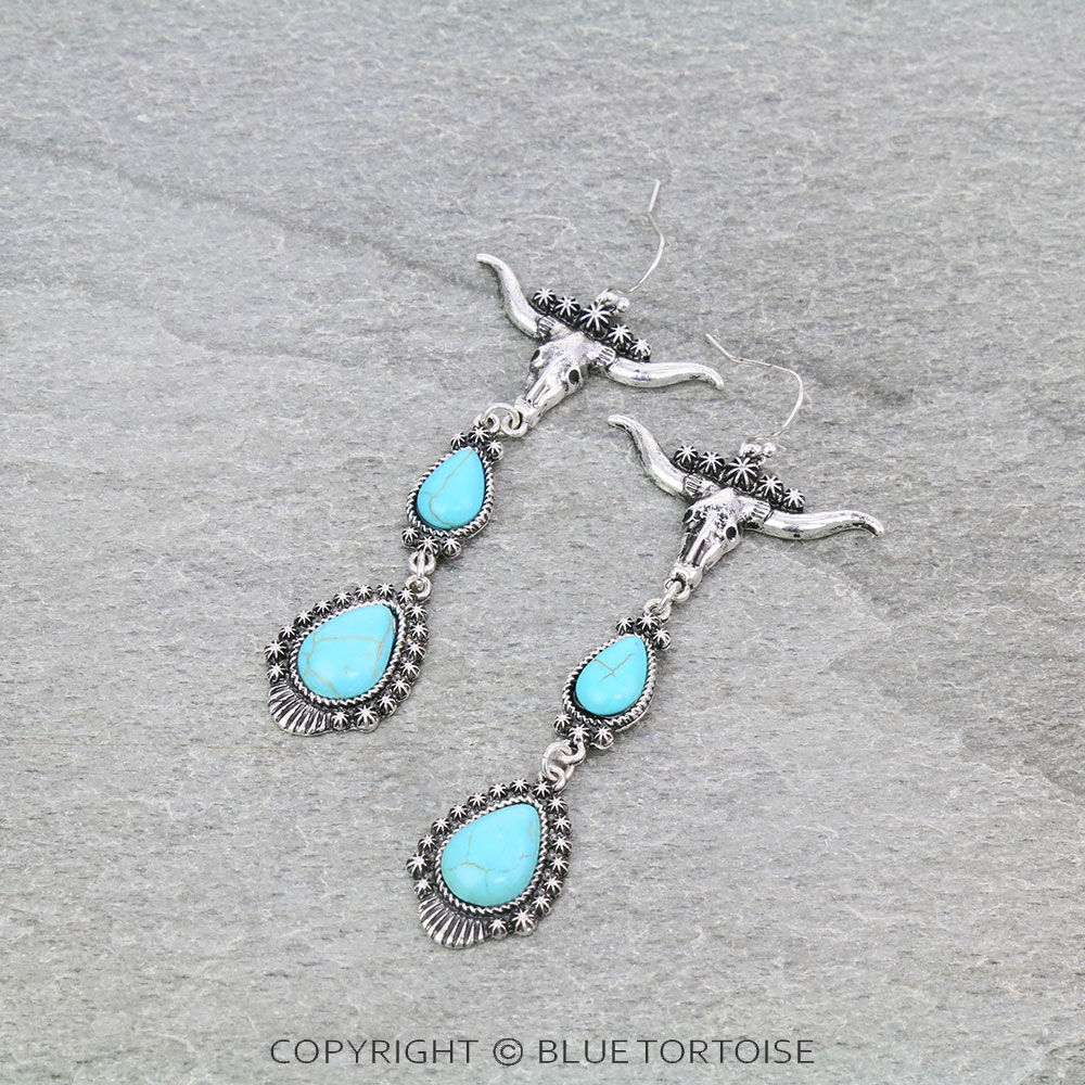 Steer Skull with Teardrop Stone Dangle Earrings – Bluetortoisewholesale