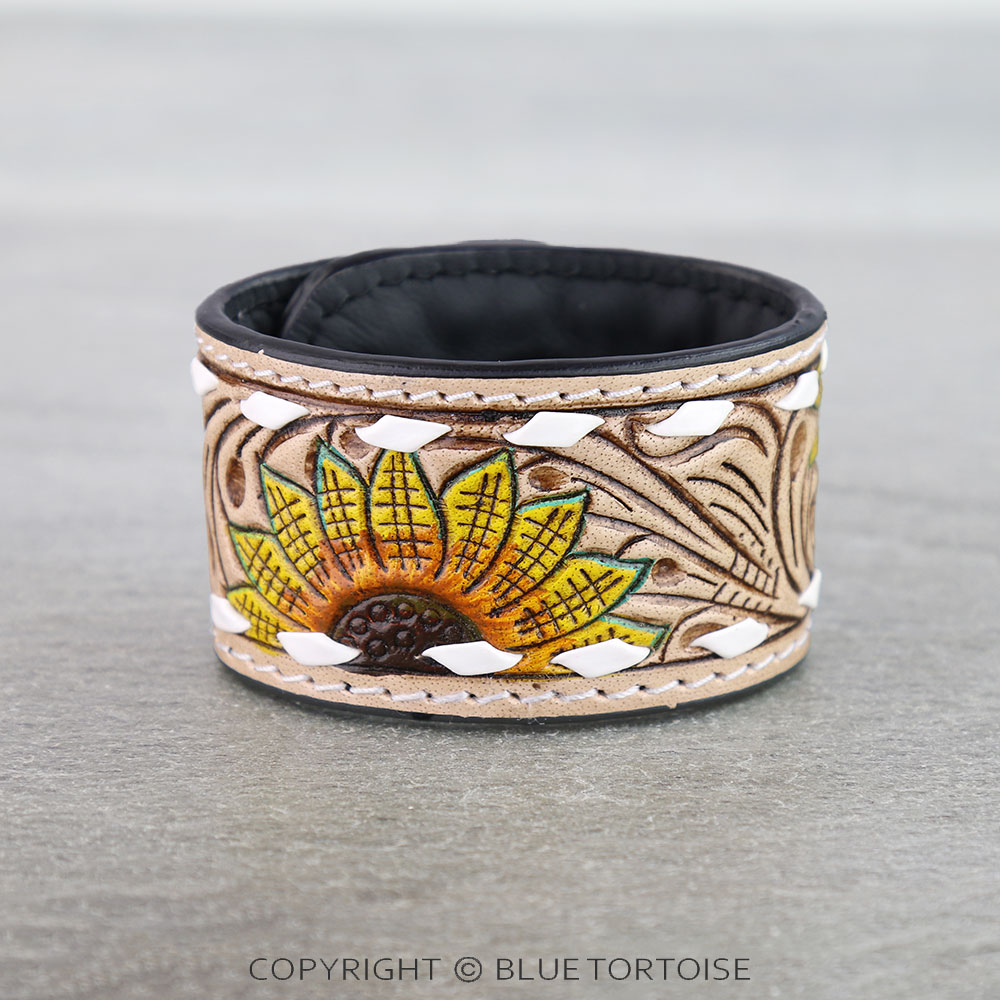 Western Genuine Tooled Leather Bracelet - Sunflower