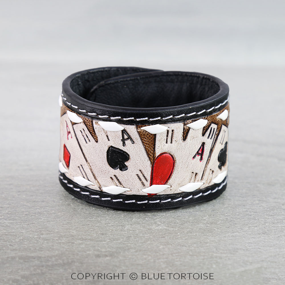 Western Genuine Tooled Leather Bracelet - 4 Aces