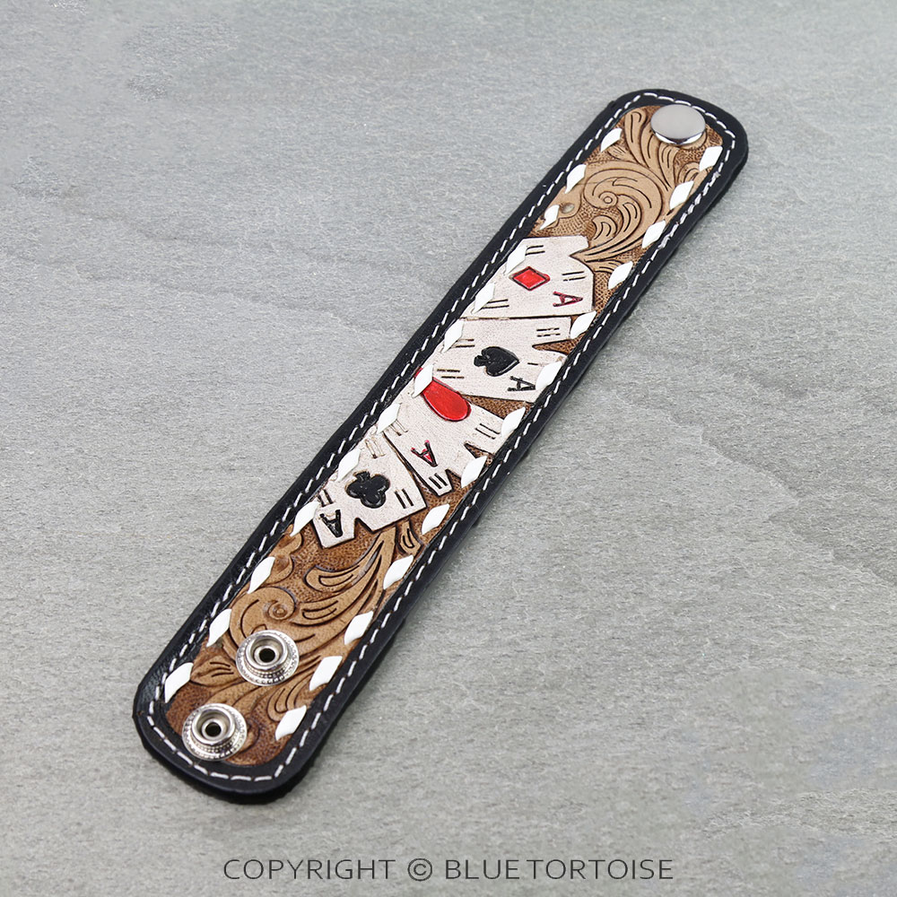 Western Genuine Tooled Leather Bracelet - 4 Aces - Image 2