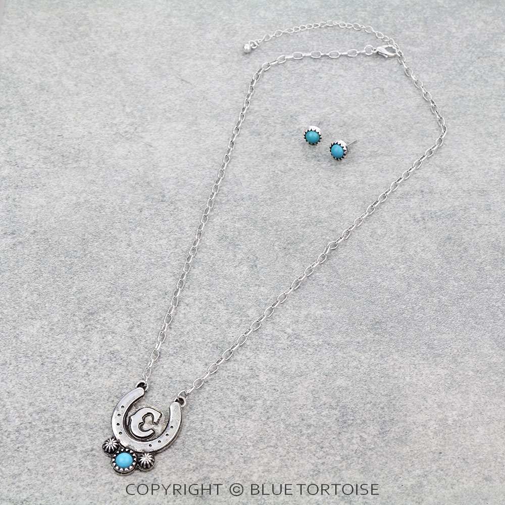 Western Horse Groove Initial Necklace Set