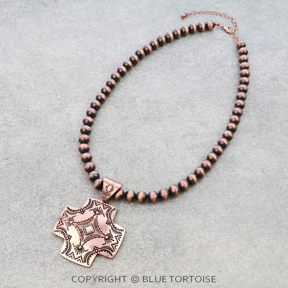 Western Navajo Style Pearl with Cross Pendant Necklace