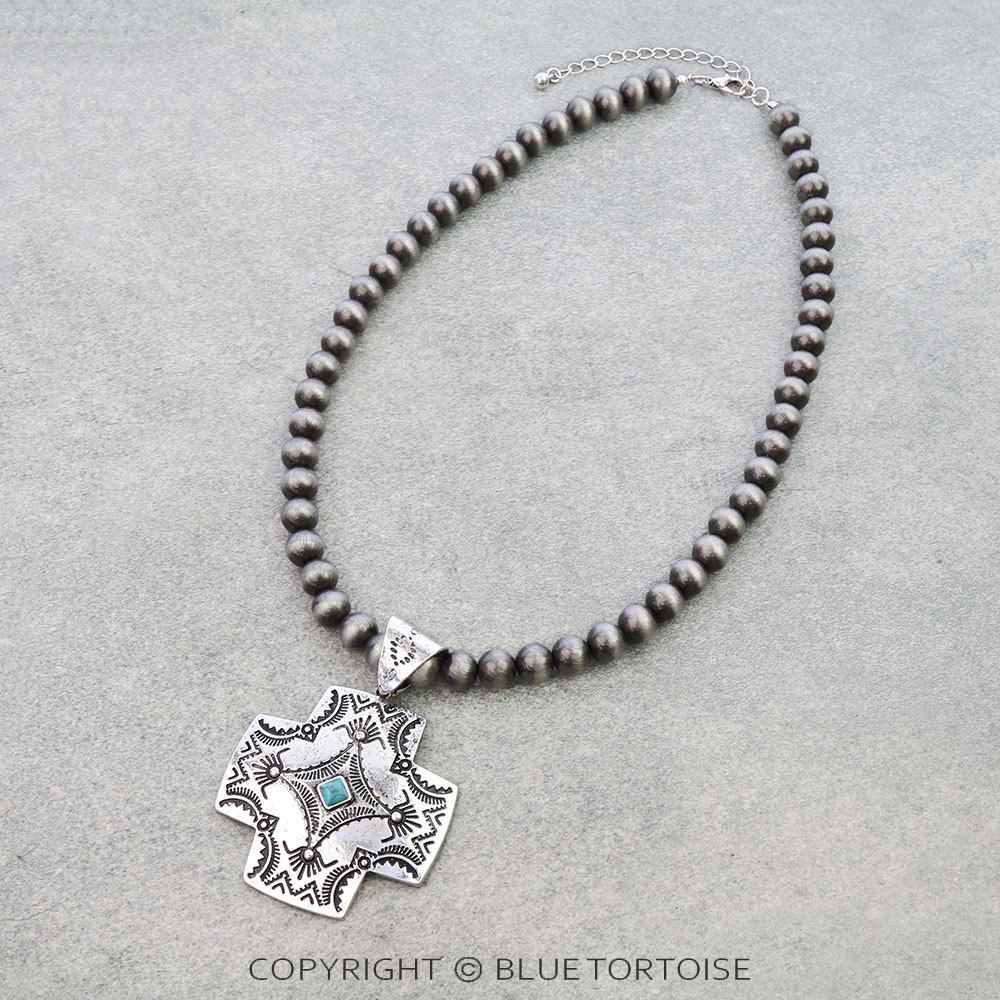 Western Navajo Style Pearl with Cross Pendant Necklace
