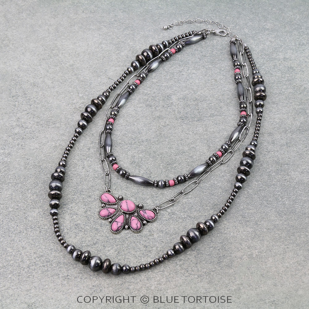 3 Layered Western Half Concho Stone Necklace