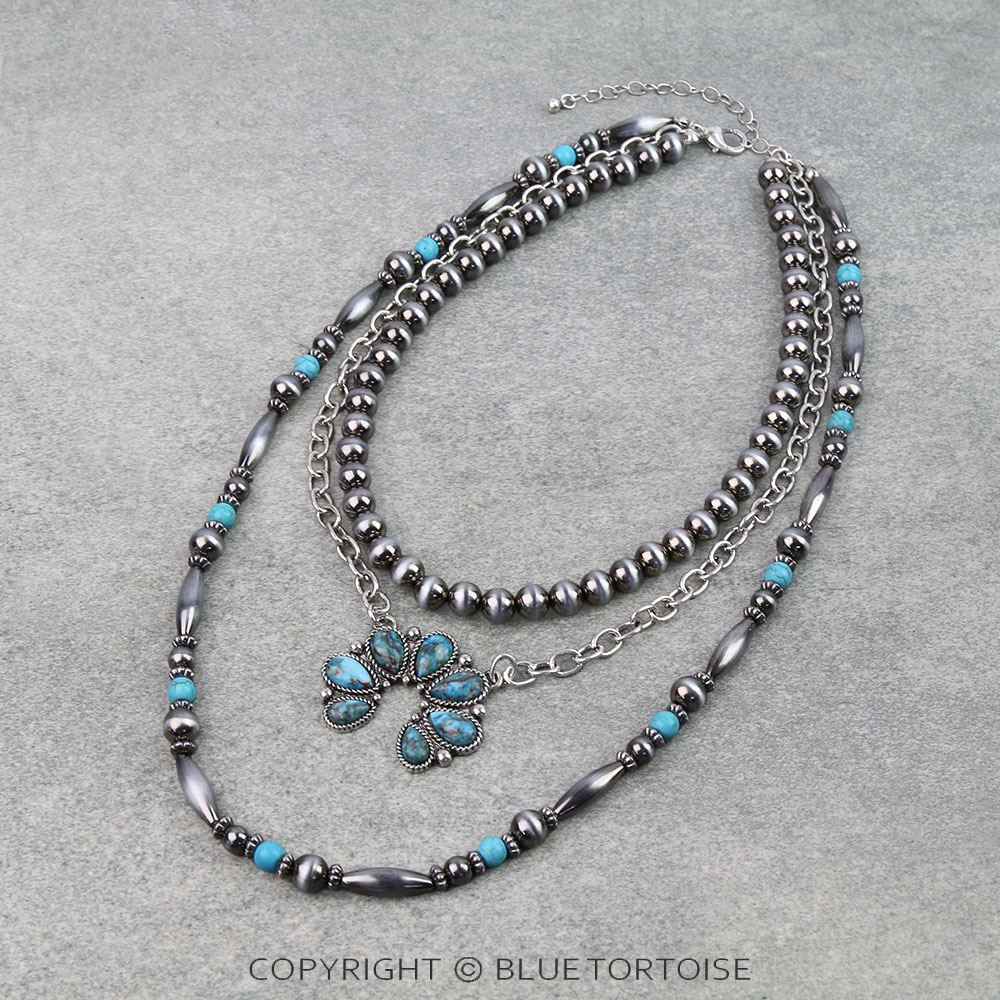 3 Layered Western Squash Blossom Stone Necklace