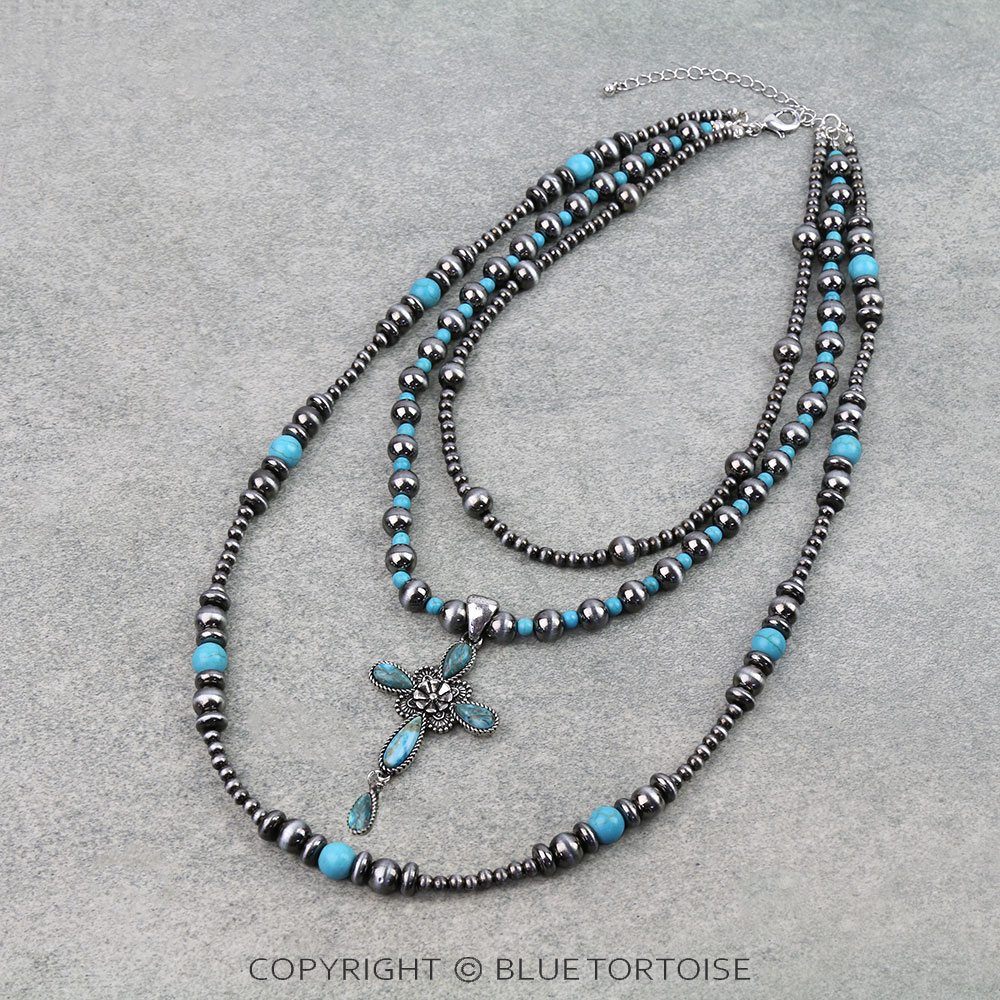 3 Layered Western Cross Stone Necklace