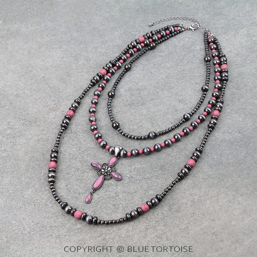 3 Layered Western Cross Stone Necklace