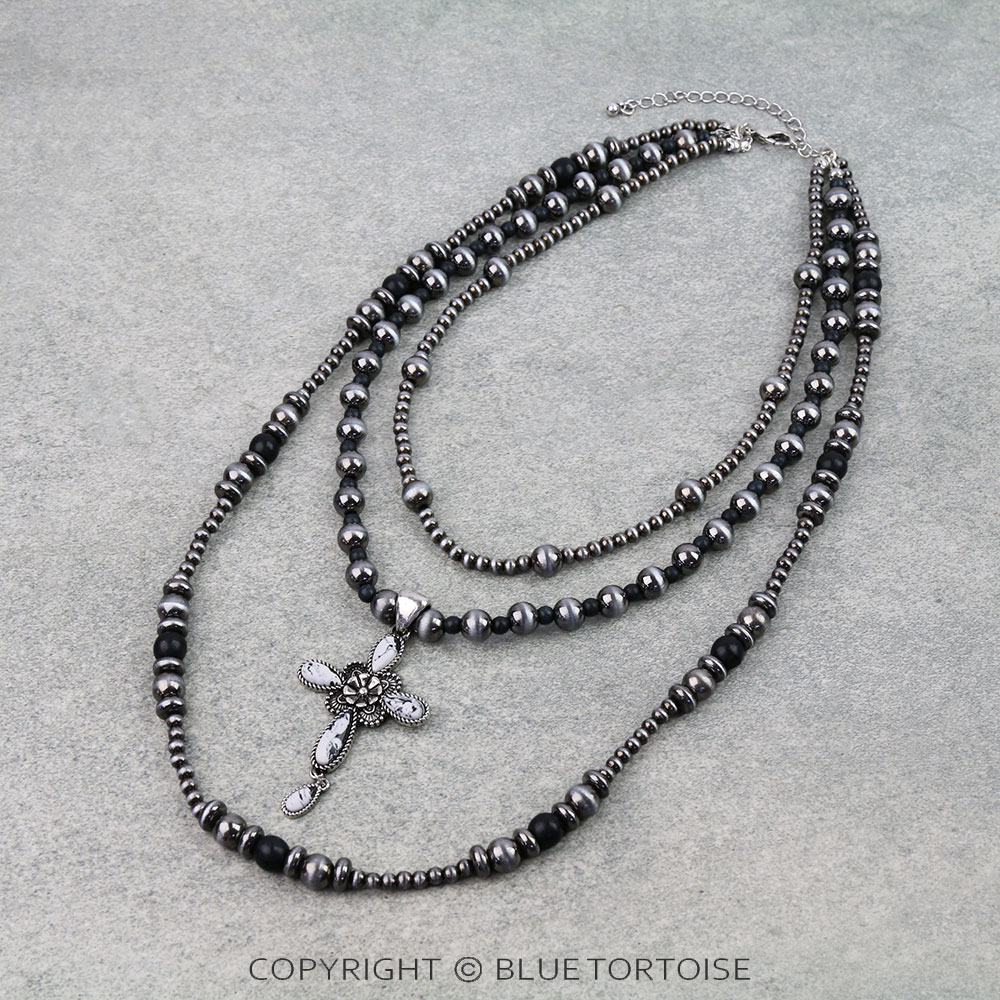 3 Layered Western Cross Stone Necklace
