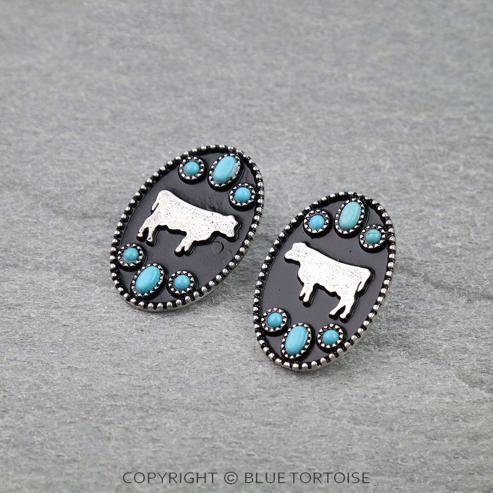Western Oval Cow Silhouette Stud Earrings