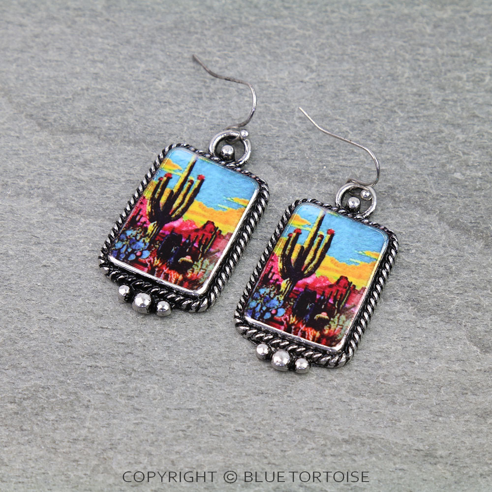 Western Cactus Scenery Print Dangle Earrings