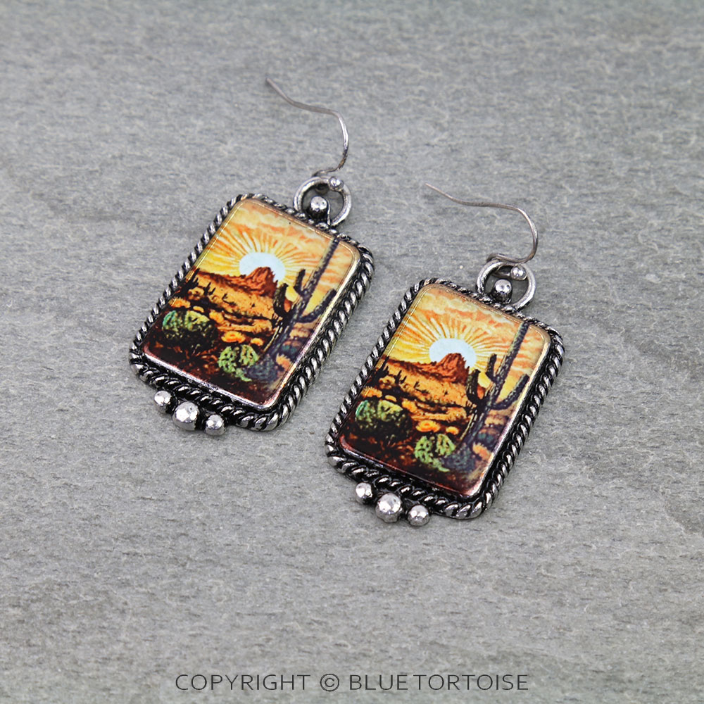 Western Cactus Scenery Print Dangle Earrings