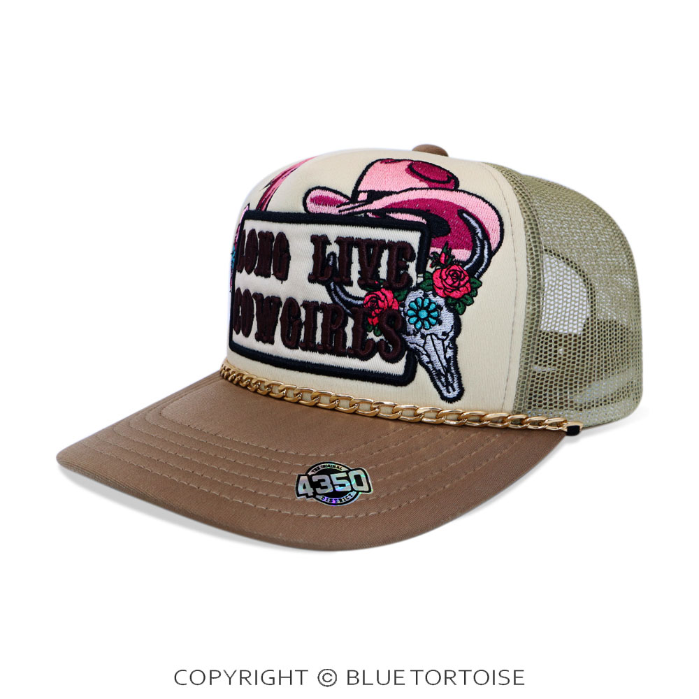"LONG LIVE COWGIRLS" Patch Meshback Ball Cap with Hat Chain