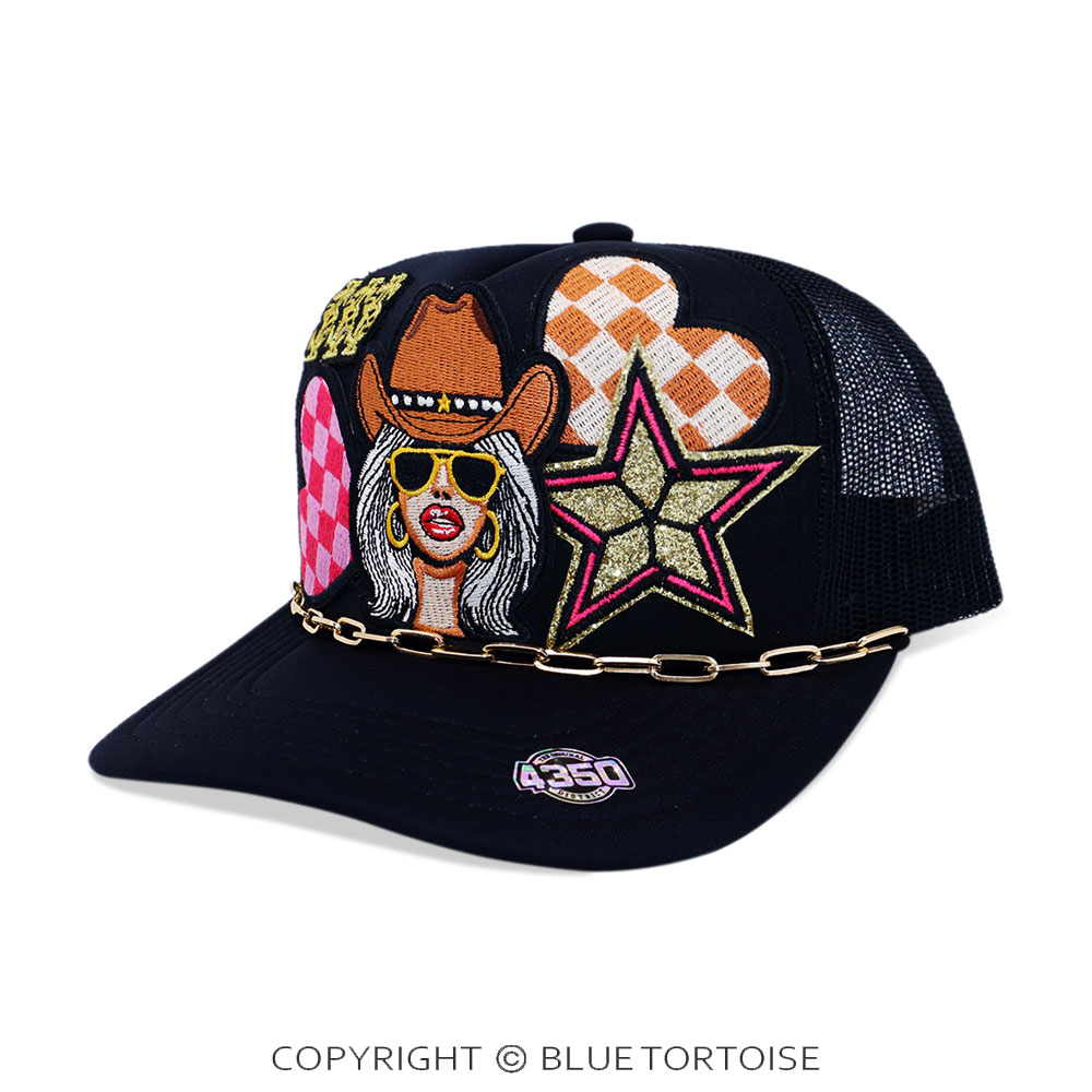 Cowgirl Patch Meshback Ball Cap with Hat Chain