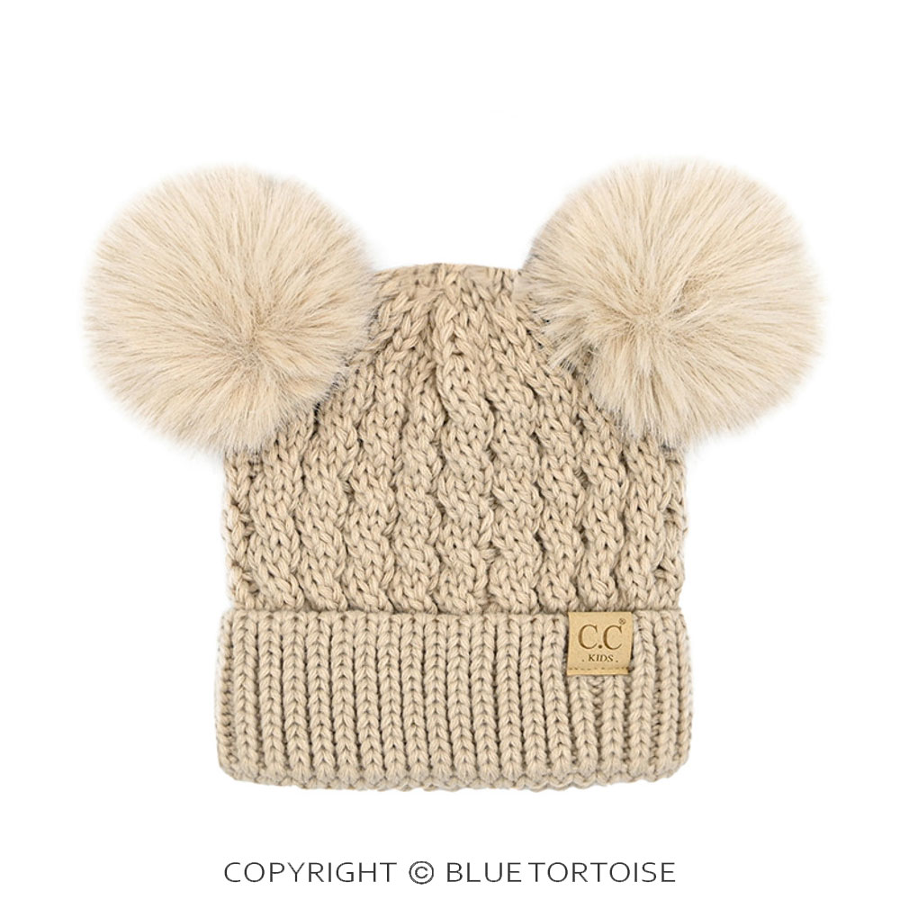 C.C Kids Double Pom Pom All Over Cable Pattern Beanie Hat