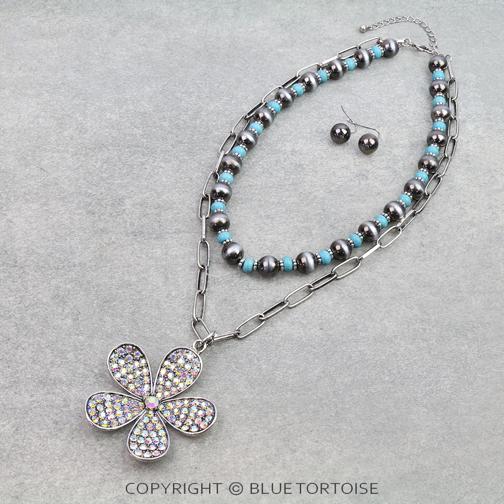 2 Layered Western Flower Pendant Necklace Set