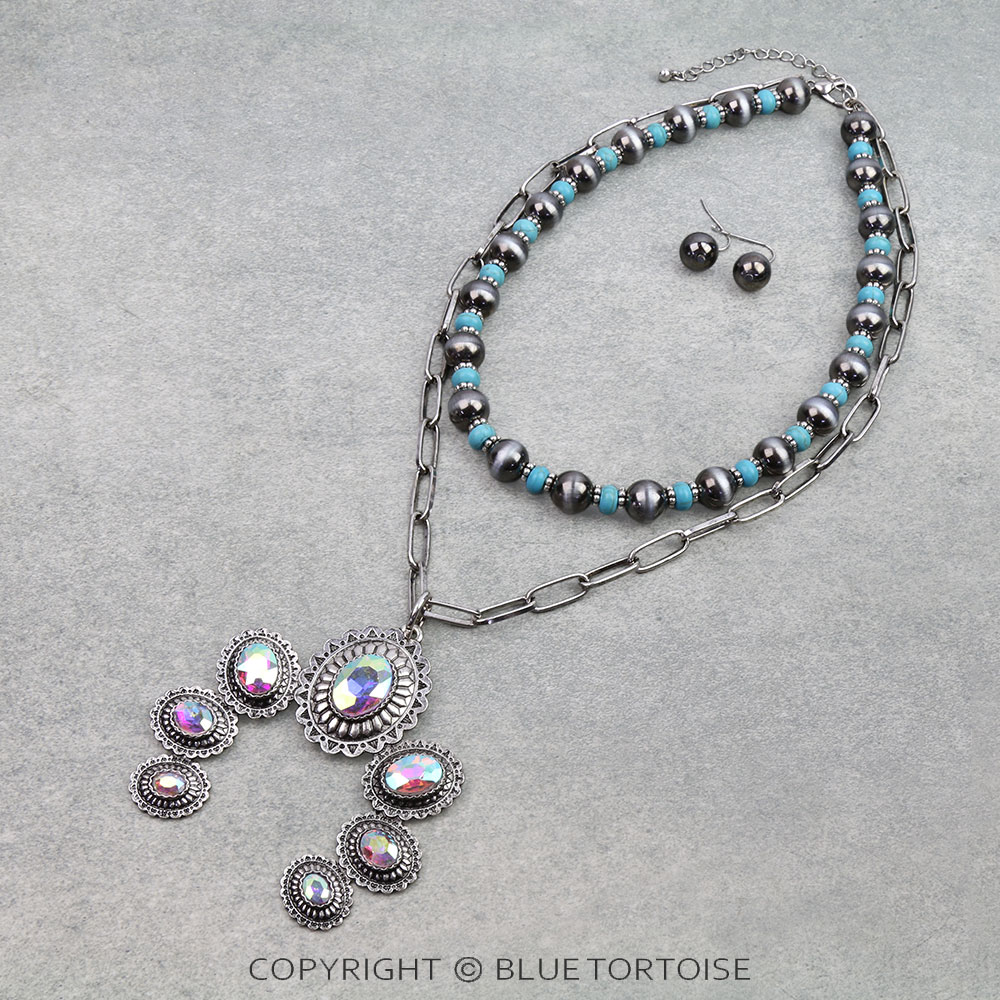 2 Layered Western Squash Blossom Pendant Necklace Set