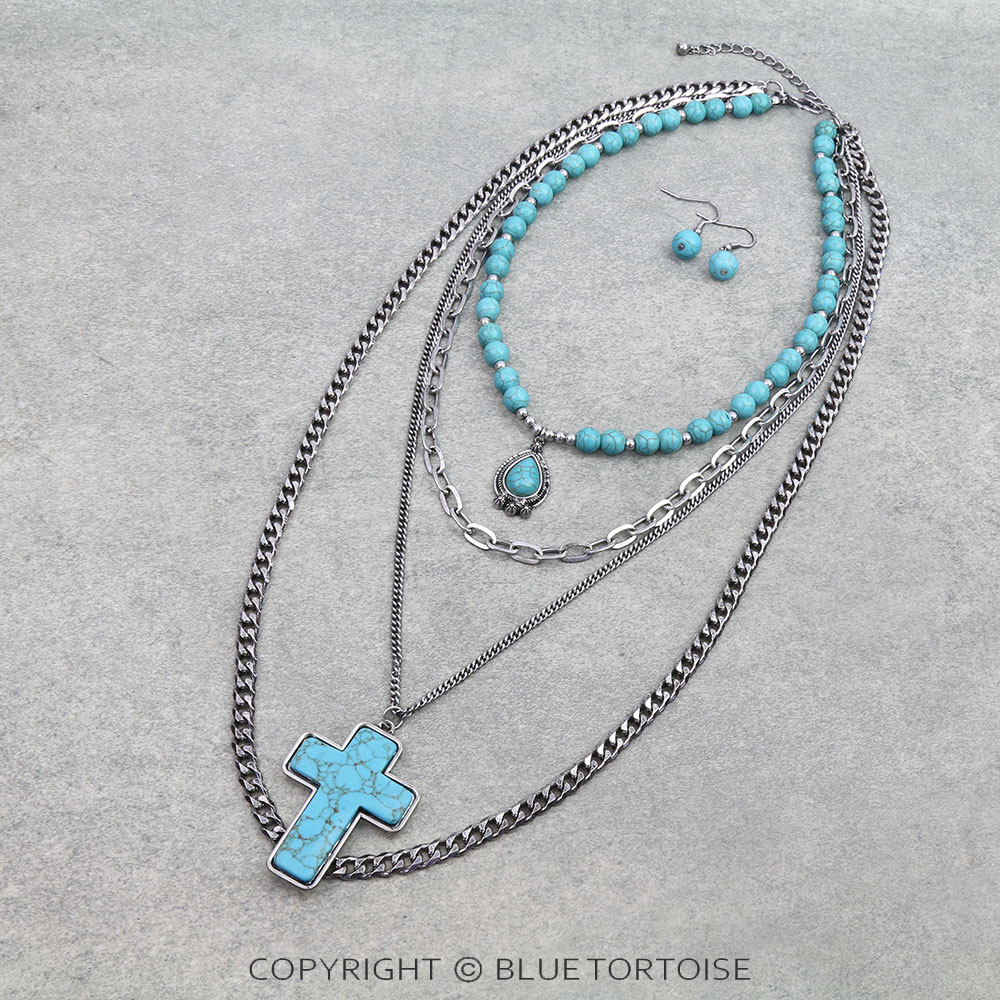 4 Layered Western Cross Stone Necklace Set
